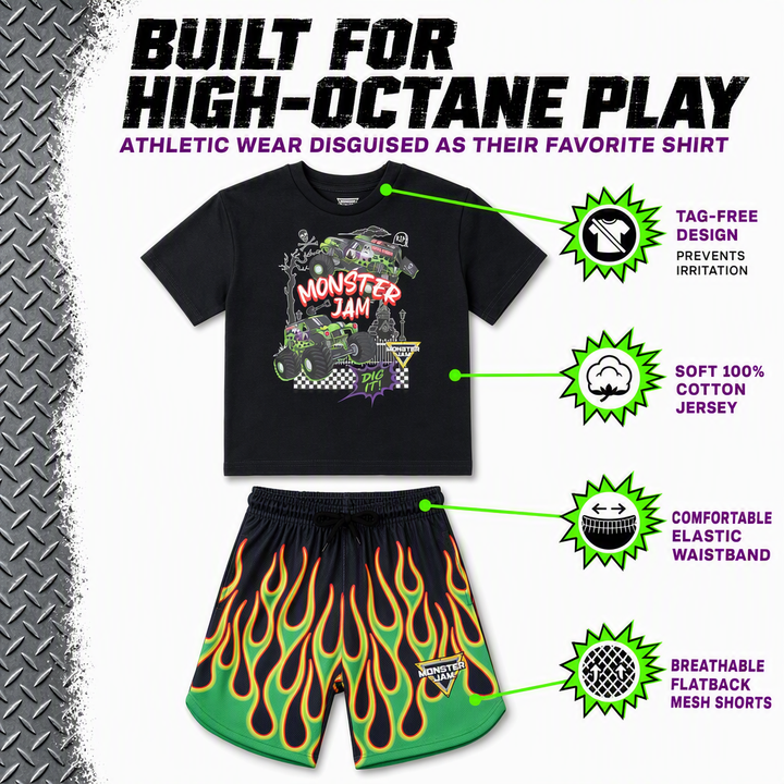 Monster Jam Grave Digger Boys' 2-Piece T-Shirt and Mesh Shorts Set Flame