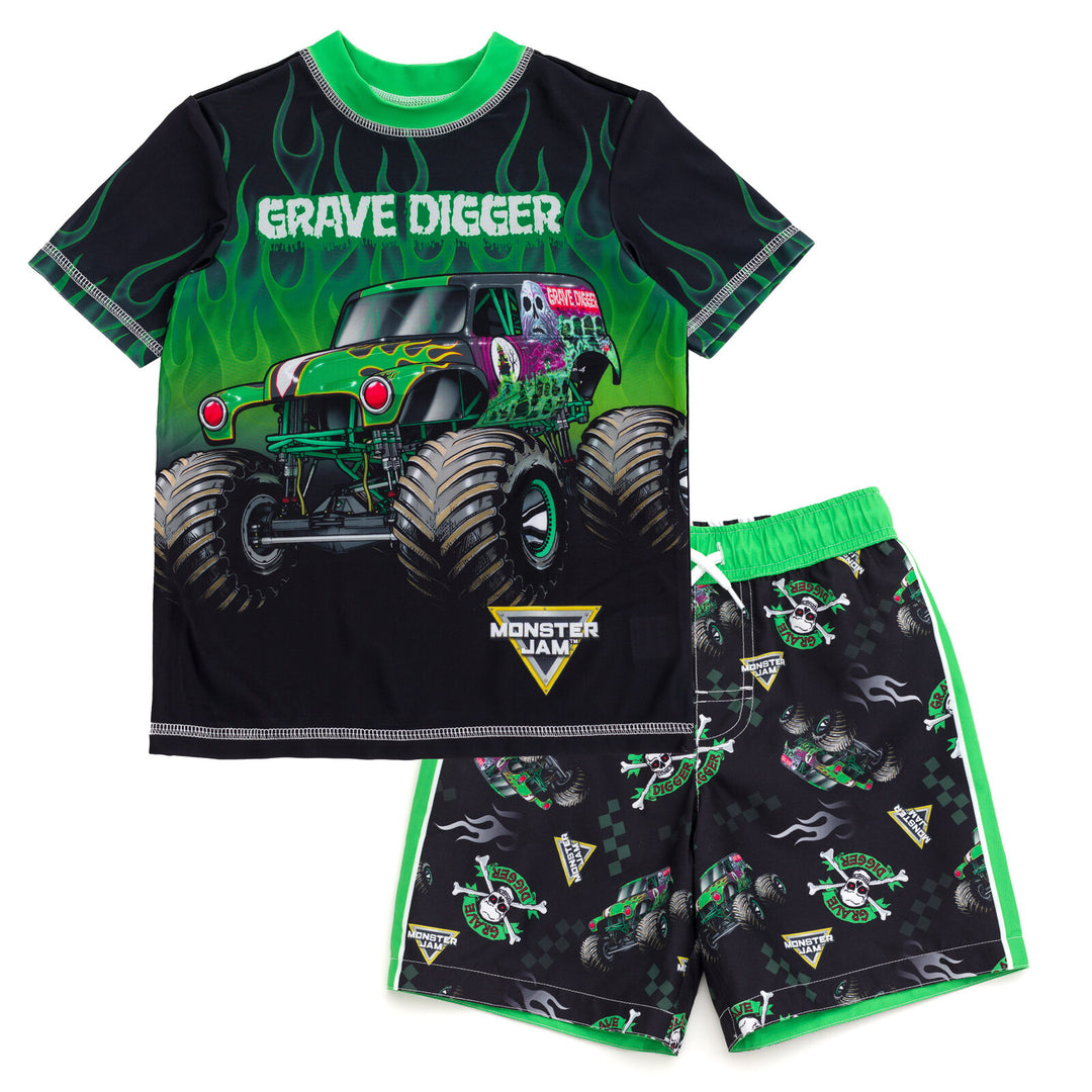 Monster Jam Grave Digger UPF 50+ 2-Piece Rash Guard and Swim Trunks Set Black