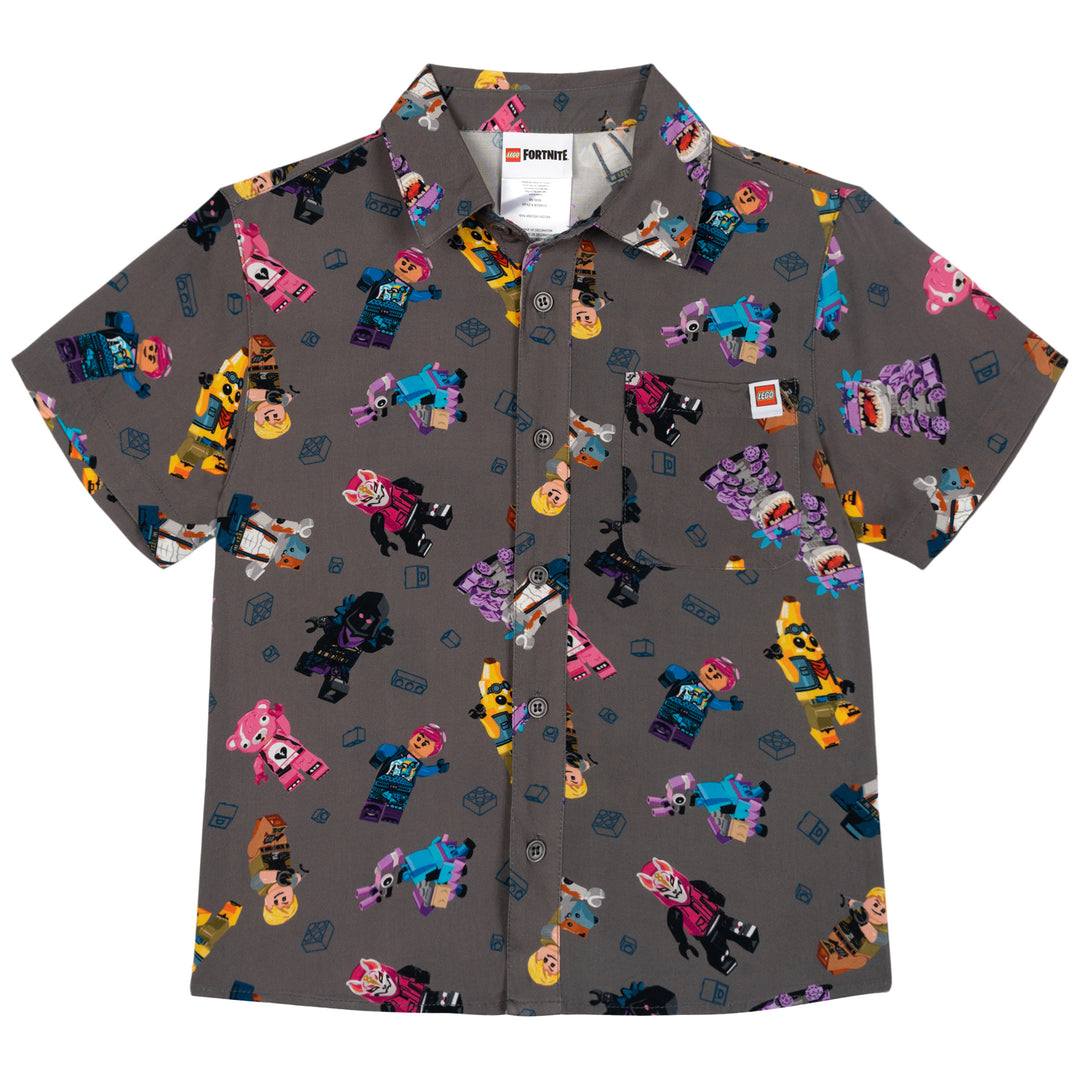 LEGO Fortnite Boys' Short Sleeve Button Down Shirt Gray