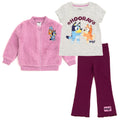 Bluey Girls Faux Shearling Zip Up Bomber Jacket, T-Shirt and Ribbed Flare Pants 3 Piece Outfit Set Toddler to Big Kid