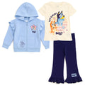 Bluey Girls Fleece Drop Shoulder Zip Up Hoodie, Ribbed T-Shirt and Pants 3 Piece Outfit Set Toddler to Big Kid