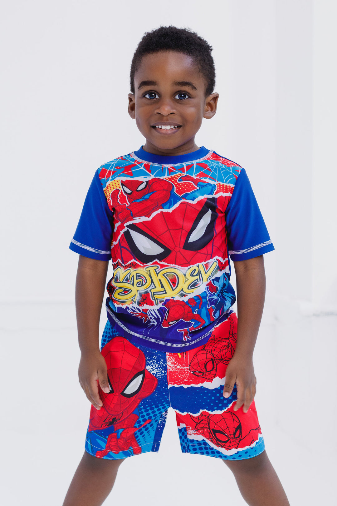 Marvel Spider-Man Boys' 2-Piece Rash Guard and Swim Trunks Set Graffiti