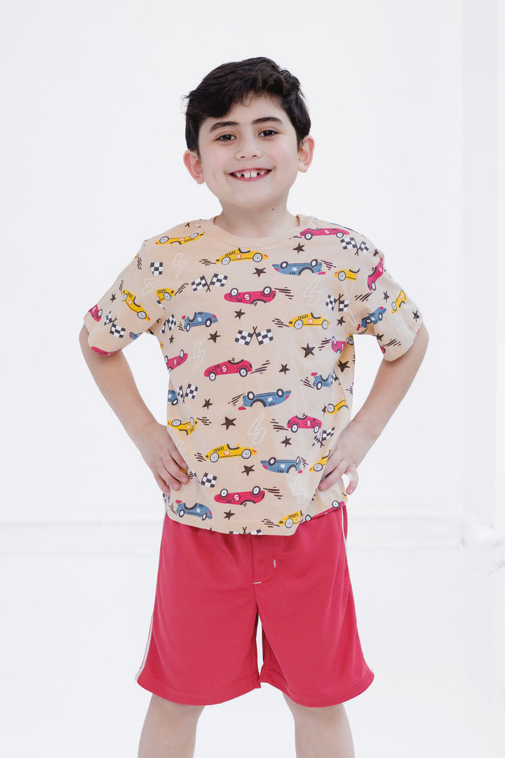 Funstuff Boys' Athletic 2-Piece T-Shirt and Shorts Set Race Car Beige Red