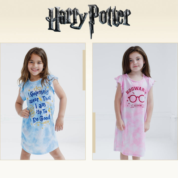 Harry Potter Little Girls' 2-Pack Flutter Sleeve Nightgowns Pink Blue Tie Dye