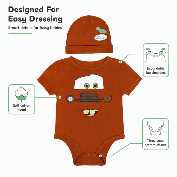 Cars Baby Boys' 2-Piece Cosplay Bodysuit and Hat Set Rusty Brown Mater