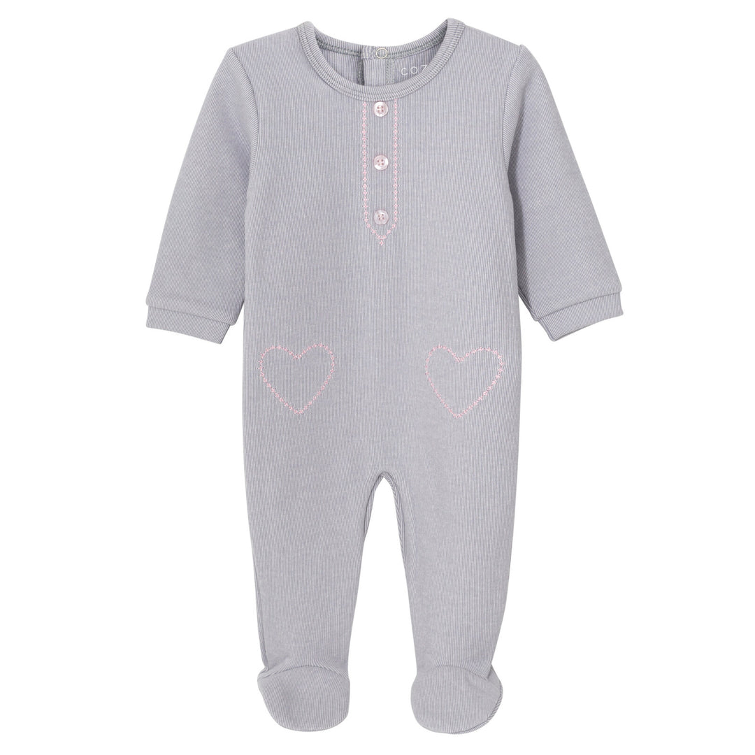 Cozeeme Baby Girls' Footed One Piece Sleep N' Play Grey Pink Hearts