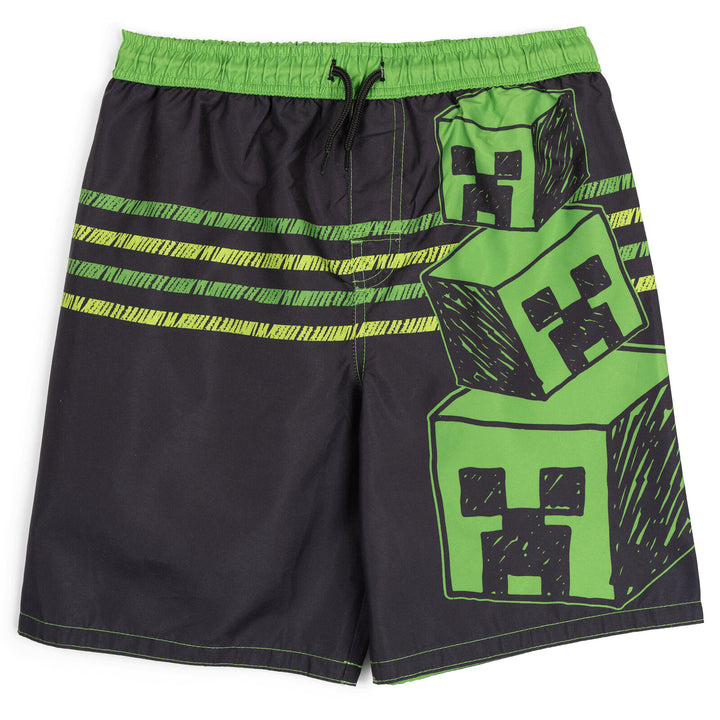 Minecraft Creeper Boys' Swimwear Camp Shirt and Swim Trunks Set Green Black