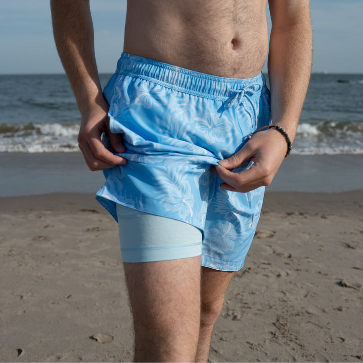 Dreamwave Men's Compression Liner Swim Trunks with Phone Pocket 7 inch Inseam Anti Chafing Tropical Blue