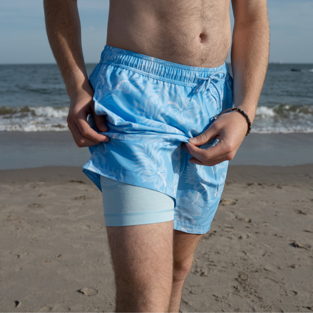 Dreamwave Men's 2-Pack Compression Liner Swim Trunks with Phone Pocket 7 inch Inseam Anti Chafing Navy Blue Floral
