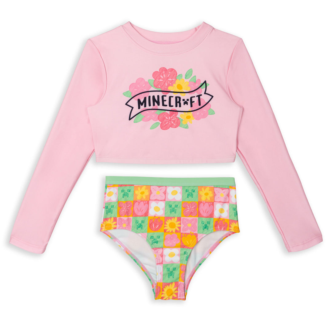 Minecraft Girls' Cropped 2-Piece Rash Guard and Bikini Set Creeper Pink Green