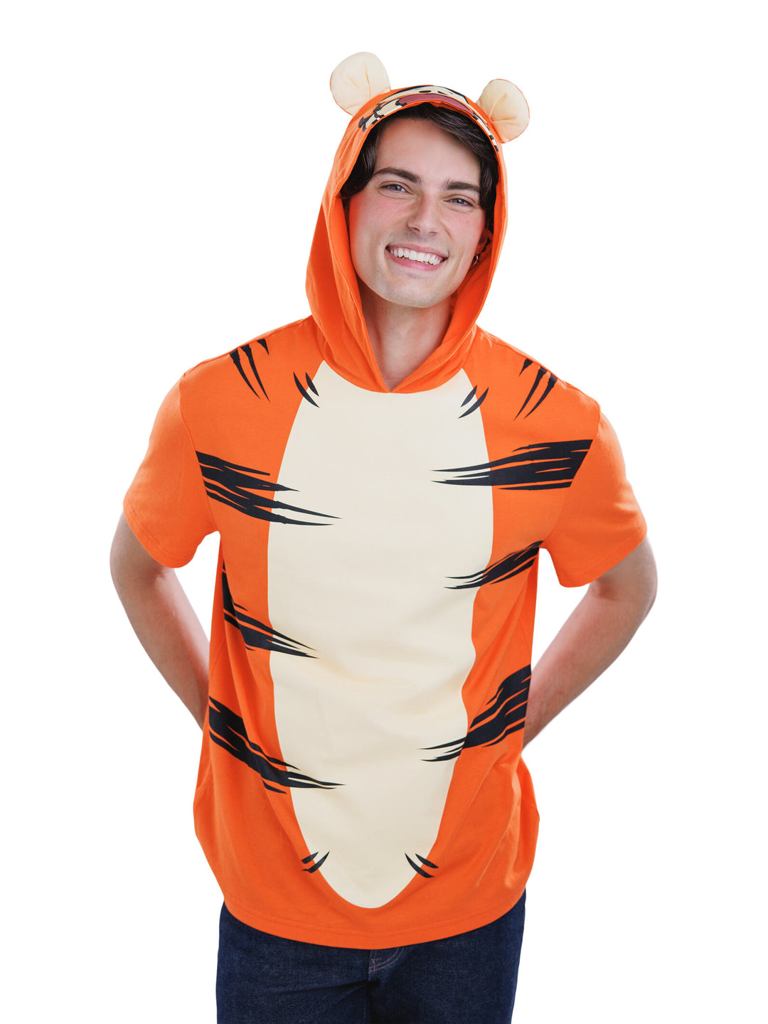 Disney Winnie the Pooh Tigger Men's Cosplay Short Sleeve Hooded T-Shirt Striped Orange