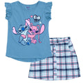 Lilo & Stitch Girls' 2-Piece T-Shirt and Plaid Skirt Set Blue Angel