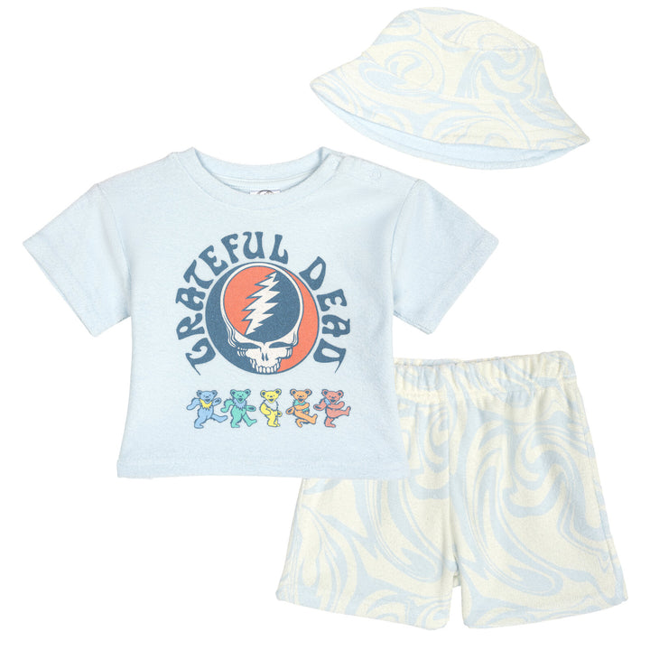 Grateful Dead Bands Boys' T-Shirt Shorts and Bucket Hat Set Sky Blue