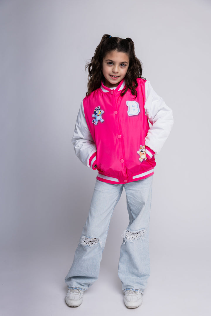 Bluey Girls' Varsity Bomber Jacket Bingo Pink