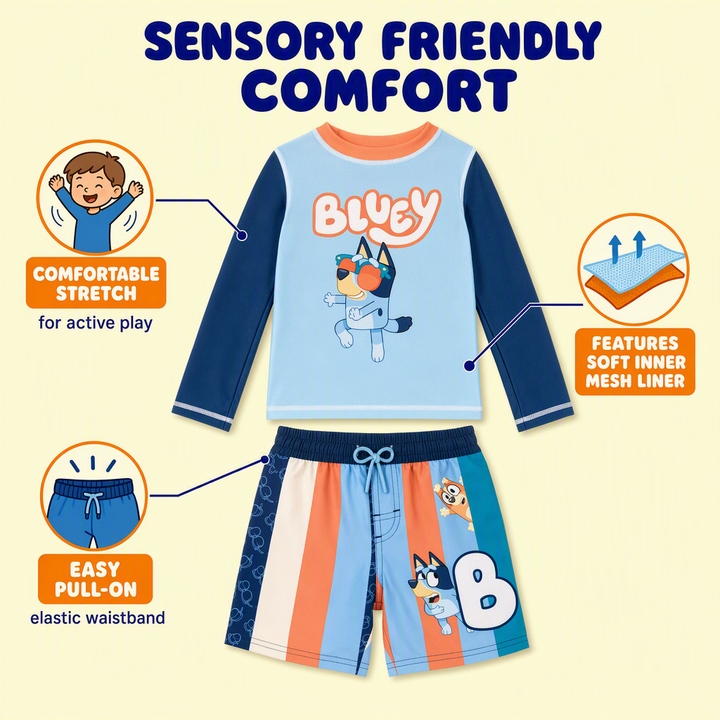 Bluey Boys' Long Sleeve Rash Guard and Swim Trunks Set Bingo Sky Blue