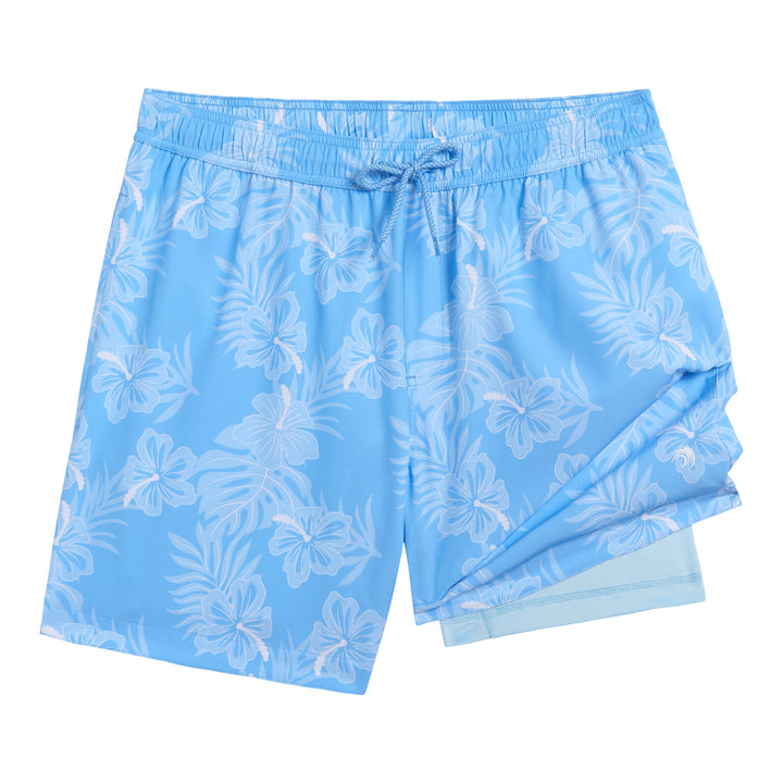Dreamwave Men's 2-Pack Compression Liner Swim Trunks with Phone Pocket 7 inch Inseam Anti Chafing Navy Blue Floral