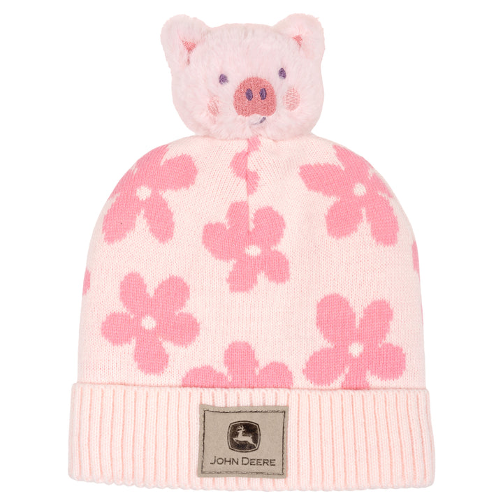 John Deere Toddler Girls' Pom Pom Beanie Hat with Sound Chip Pink Floral Pig