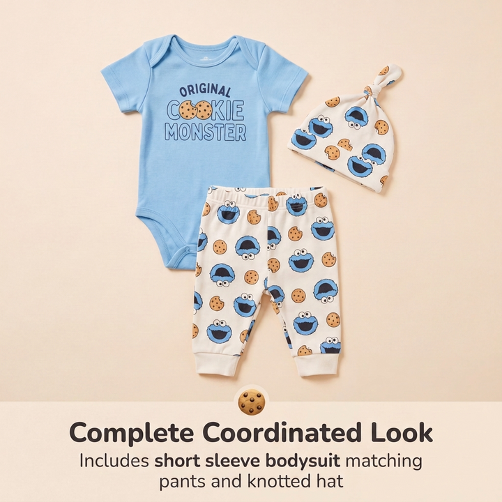 Sesame Street Cookie Monster Baby 3-Piece Bodysuit Pants and Hat Set Blue