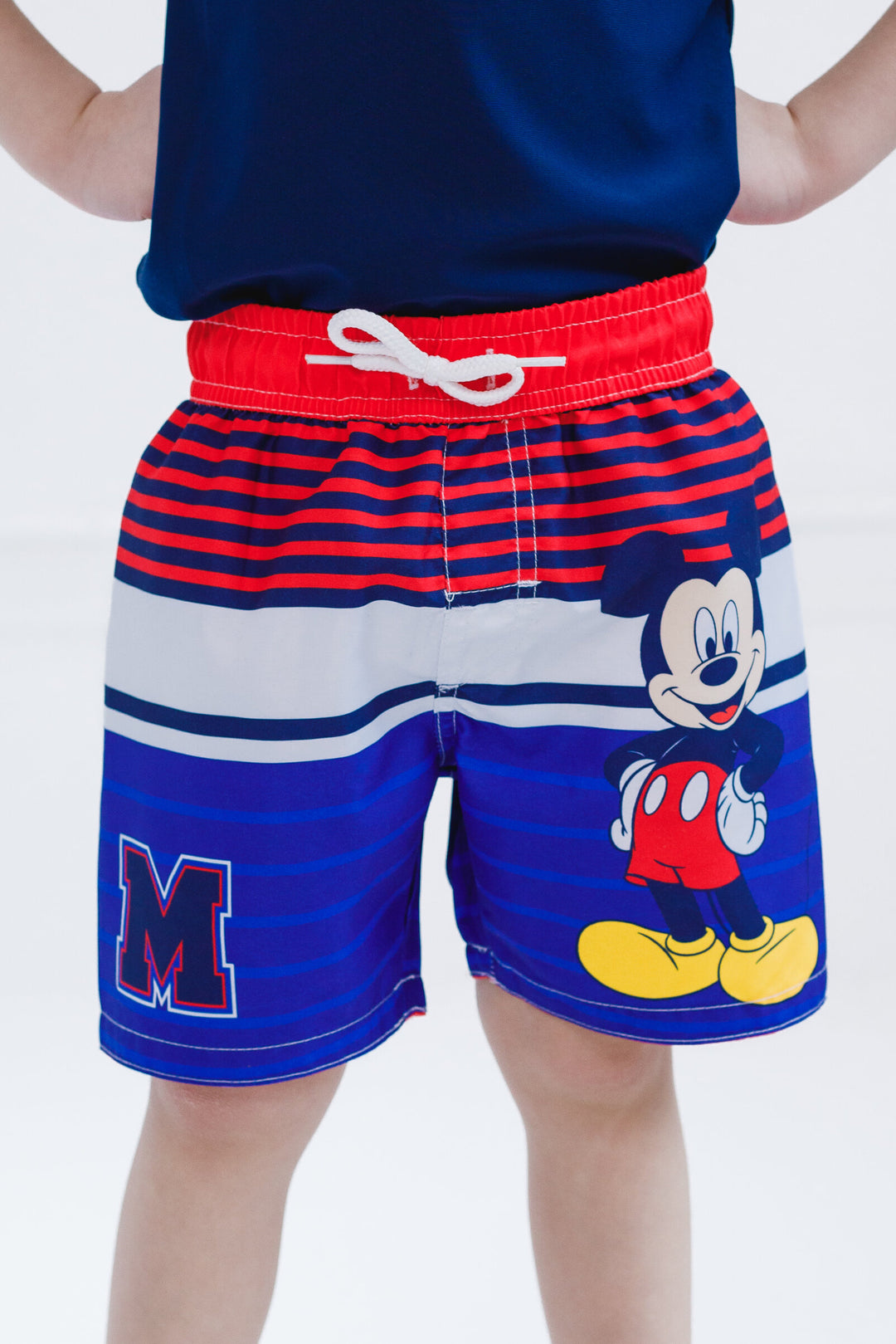 Disney Mickey Mouse Boys' Quick Dry Microfiber Swim Trunks Blue Red Stripe