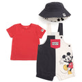 Disney Mickey Mouse French Terry Square Neck Short Overalls, T-Shirt and Bucket Sun Hat 3 Piece Outfit Set