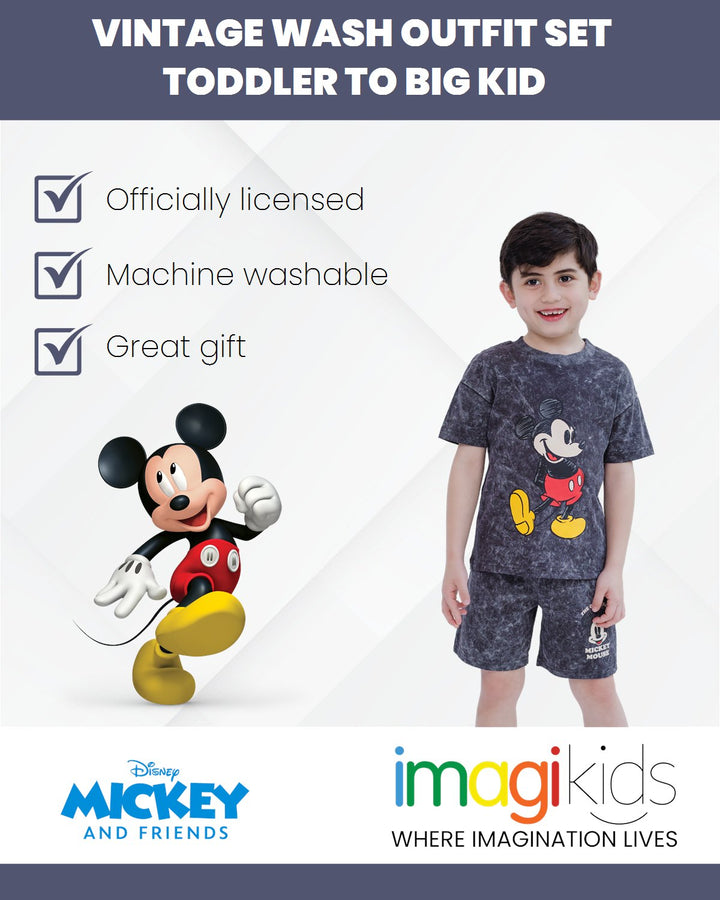 Disney Mickey Mouse Vintage Wash Drop Shoulder T-Shirt and Shorts Outfit Set - imagikids