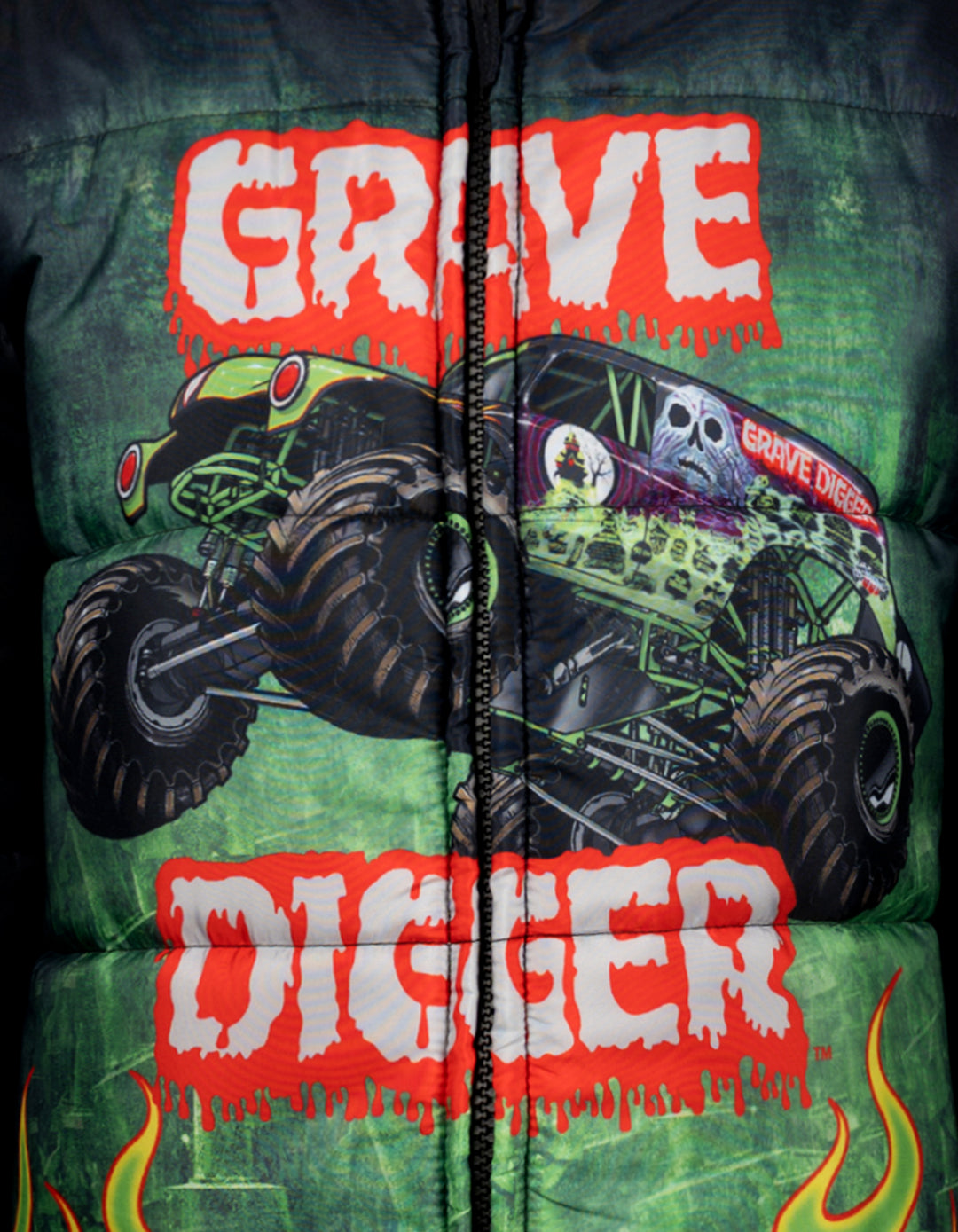 Monster Jam Boys' Hooded Puffer Jacket Grave Digger Green