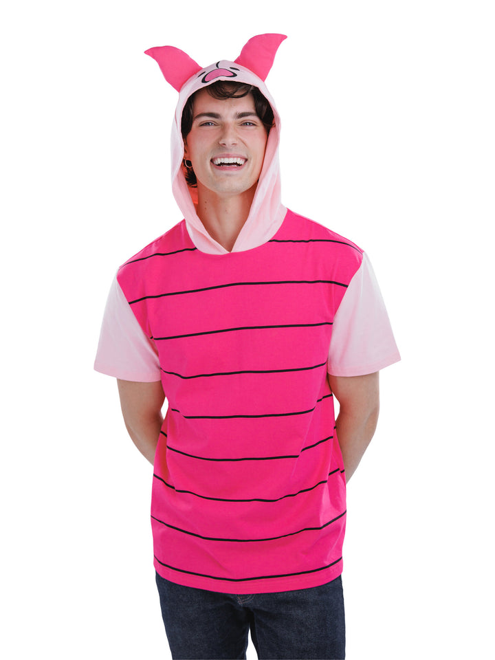 Disney Winnie the Pooh Piglet Men's Cosplay Short Sleeve Hooded T-Shirt Two Tone Pink
