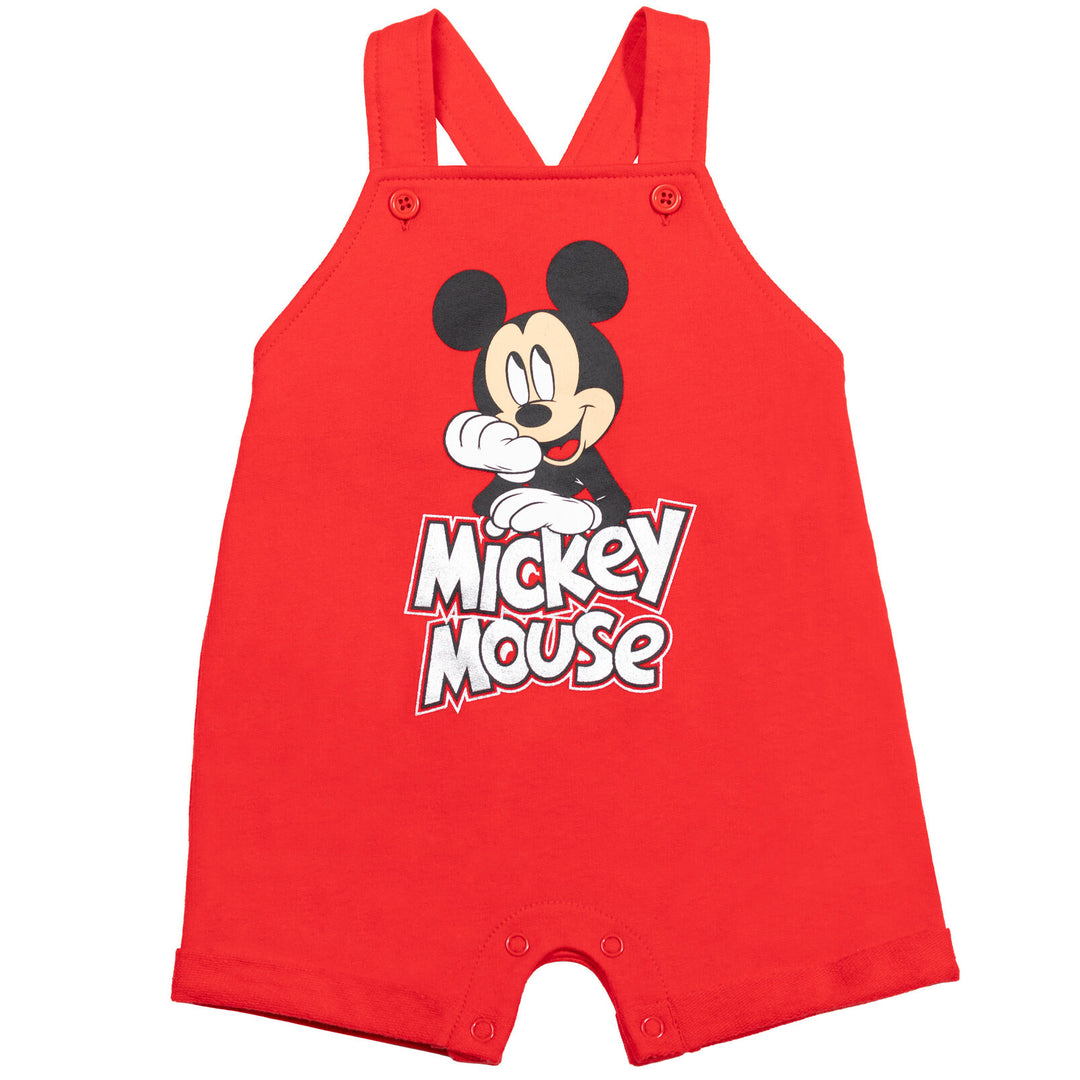 Disney Mickey Mouse Baby Boys' 3-Piece Shortall, T-Shirt and Hat Set Red Grey