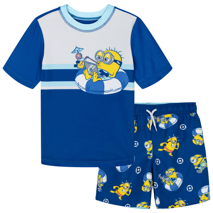 Minions Boys' Swimwear 2-Piece Rash Guard and Swim Trunks Set Navy Light Blue