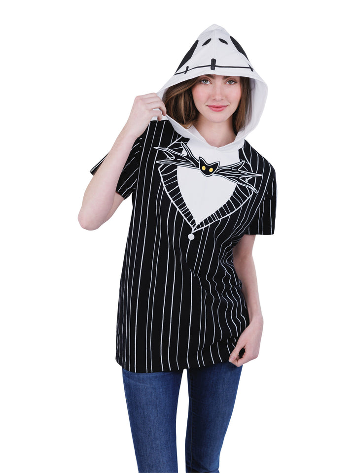 Nightmare Before Christmas Jack Skellington Women's Cosplay Short Sleeve Hooded T-Shirt Black