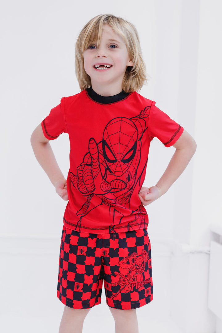 Marvel Spider-Man Boys' 2-Piece Rash Guard and Swim Trunks Set Red Black