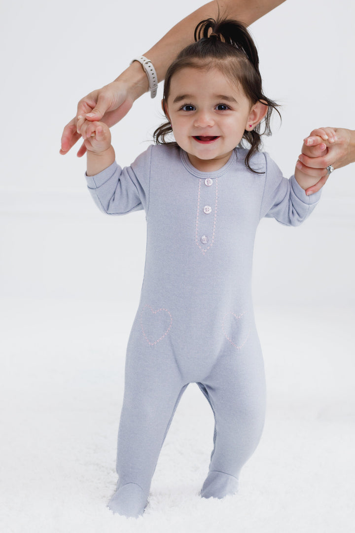 Cozeeme Baby Girls' Footed One Piece Sleep N' Play Grey Pink Hearts