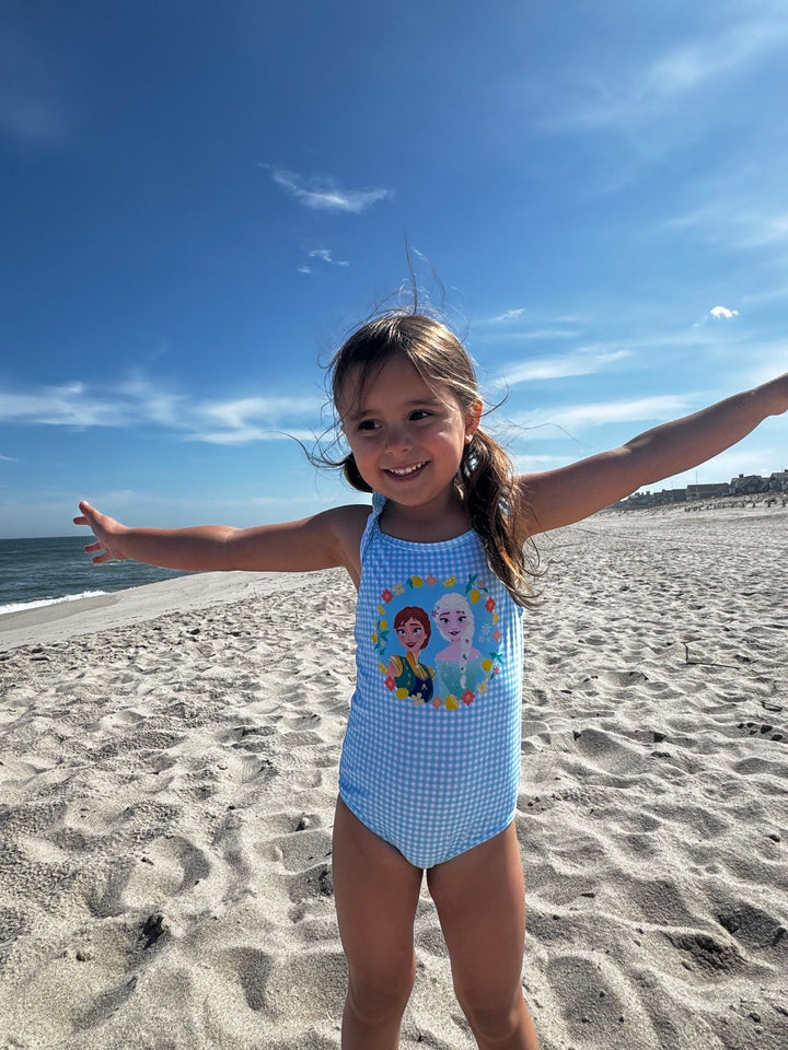 Frozen Girls' One Piece Swimsuit and Bucket Hat Set Light Blue Anna Elsa