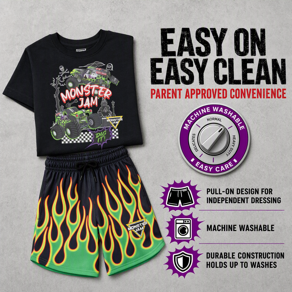 Monster Jam Grave Digger Boys' 2-Piece T-Shirt and Mesh Shorts Set Flame