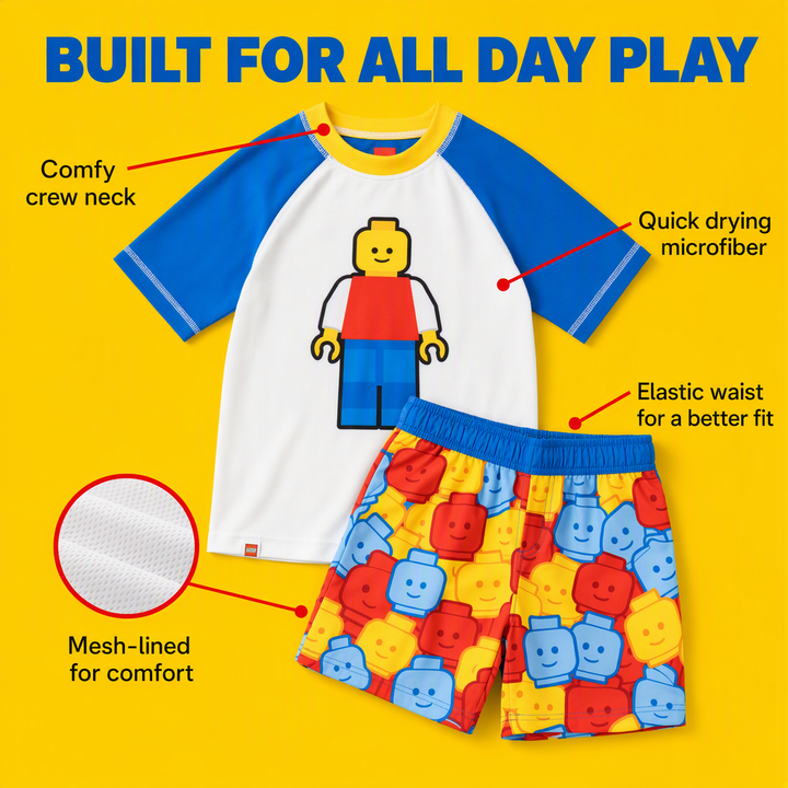 LEGO 2-Piece Swimwear Rash Guard and Swim Trunks Set Minifigure Blue Red