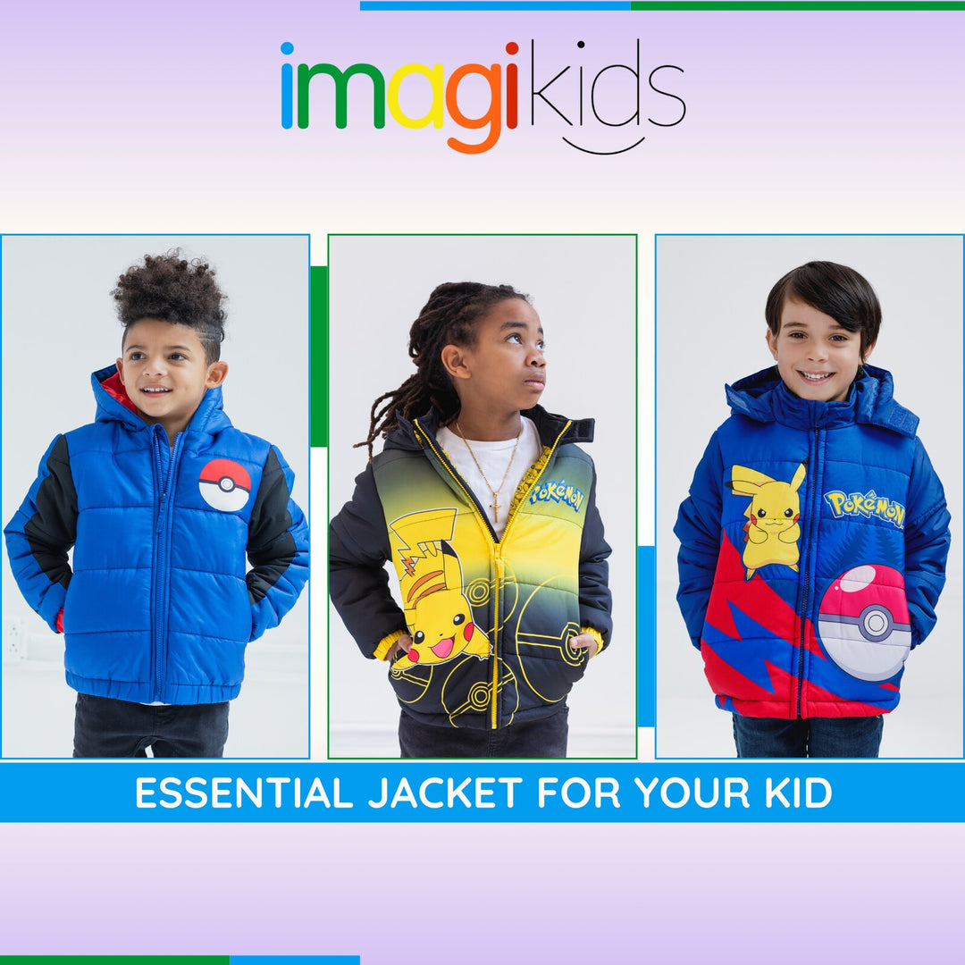 Pokemon Boys' Hooded Puffer Jacket Navy Blue