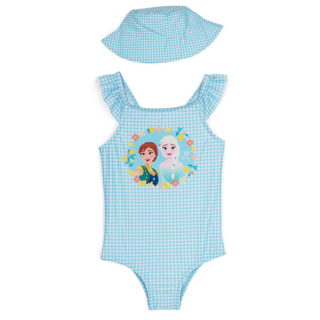 Frozen Girls' One Piece Swimsuit and Bucket Hat Set Light Blue Anna Elsa