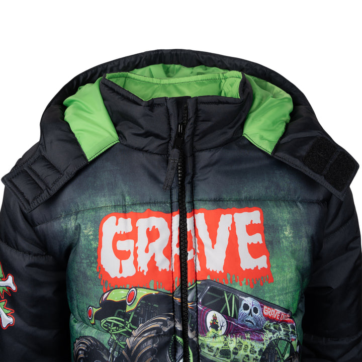 Monster Jam Boys' Hooded Puffer Jacket Grave Digger Green