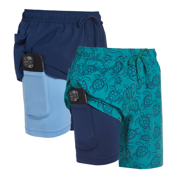 Dreamwave Men's 2-Pack Compression Liner Swim Trunks with Phone Pocket 7 inch Inseam Anti Chafing Navy Teal Turtles