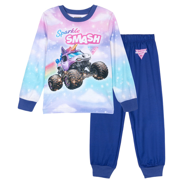Monster Jam Sparkle Smash Girls' 2-Piece Pajama Shirt and Pants Set Purple