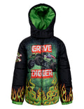 Monster Jam Boys' Hooded Puffer Jacket Grave Digger Green
