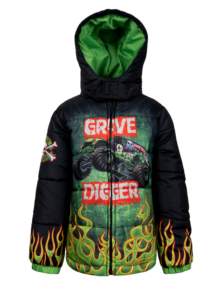 Monster Jam Boys' Hooded Puffer Jacket Grave Digger Green