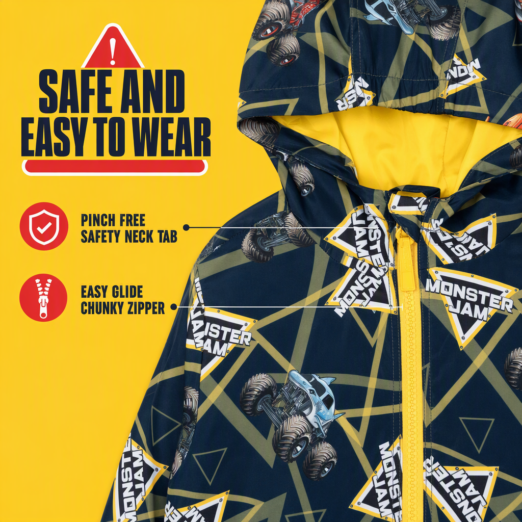 Monster Jam Boys' Zip-Up Hooded Windbreaker Jacket Navy
