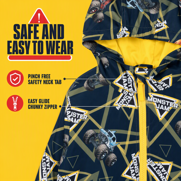Monster Jam Boys' Zip-Up Hooded Windbreaker Jacket Navy
