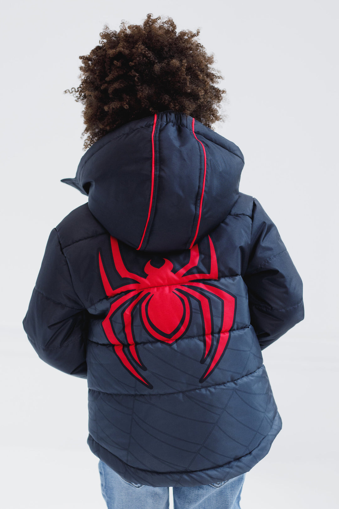 Marvel Spider-Verse Miles Morales Boys' Hooded Zip-Up Puffer Jacket Black