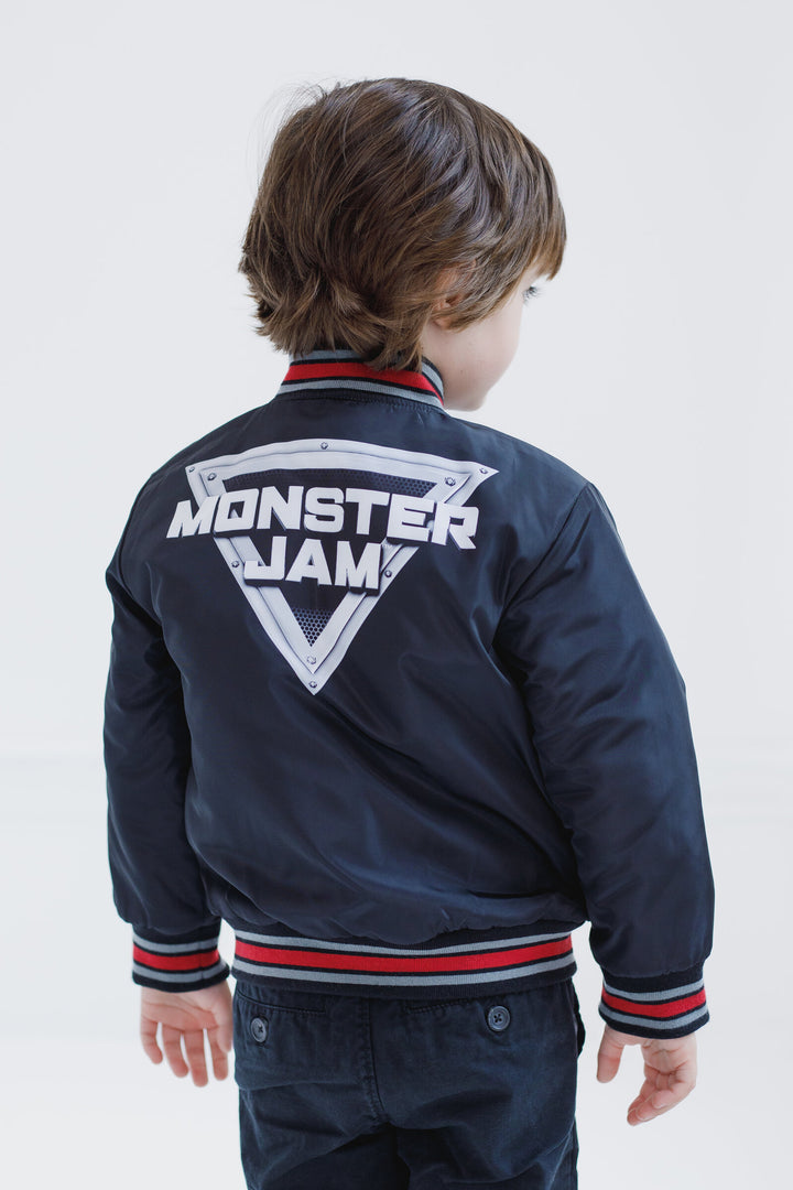 Monster Jam Boys' Zip-Up Bomber Jacket Black Grey Red