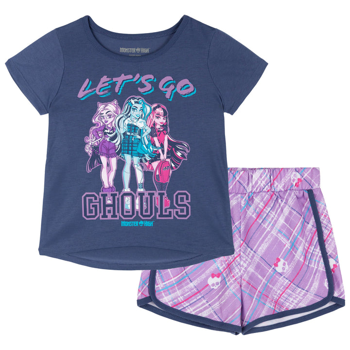 Monster High Girls' 2-Piece Tee and Dolphin Shorts Set Slate Blue Lilac