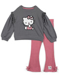 Hello Kitty Girls French Terry Drop Shoulder Pullover Sweatshirt and Ribbed Flare Leggings Outfit Set Toddler to Big Kid