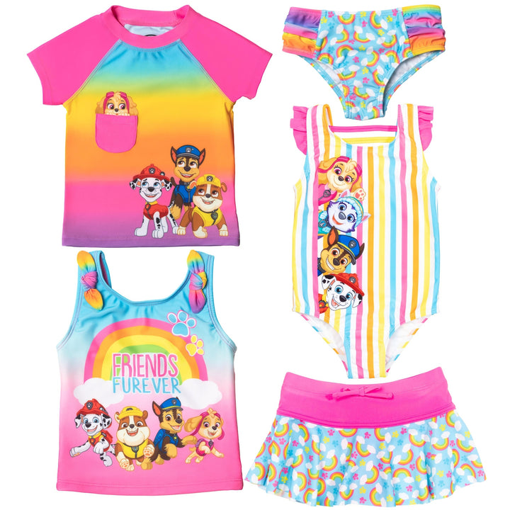 Paw Patrol One Piece Bathing Suit Rash Guard Tankini Top Bikini Bottom and Skort 5 Swimsuit Set