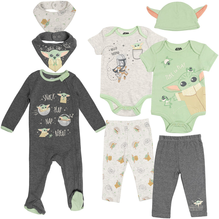 Star Wars The Mandalorian 8 Piece Outfit Set: Bodysuits Sleep N' Play Coverall Pants Hat Bibs